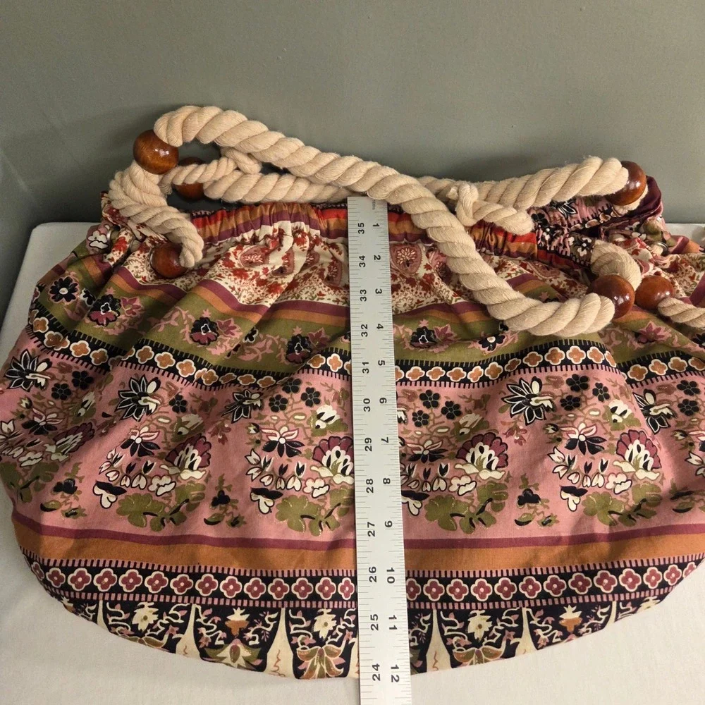 Boho Rope Handle Shoulder Bag Wooden Beads Paisley Floral Print Earthy